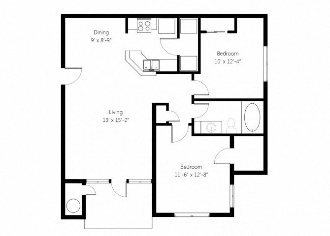 Floor plan for 1 bed, 1 bath, 888 sqft